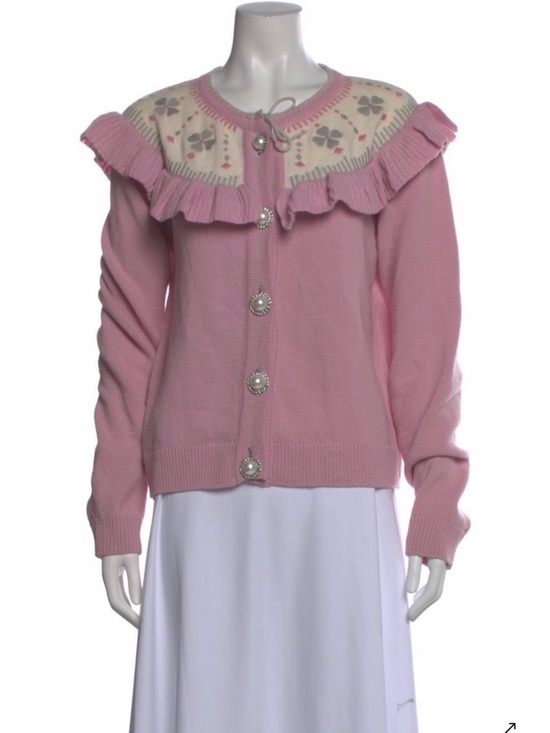 Hill House Sweaters - Hill House Pink Ruffle Yoke Cardigan with Cream Floral Knit